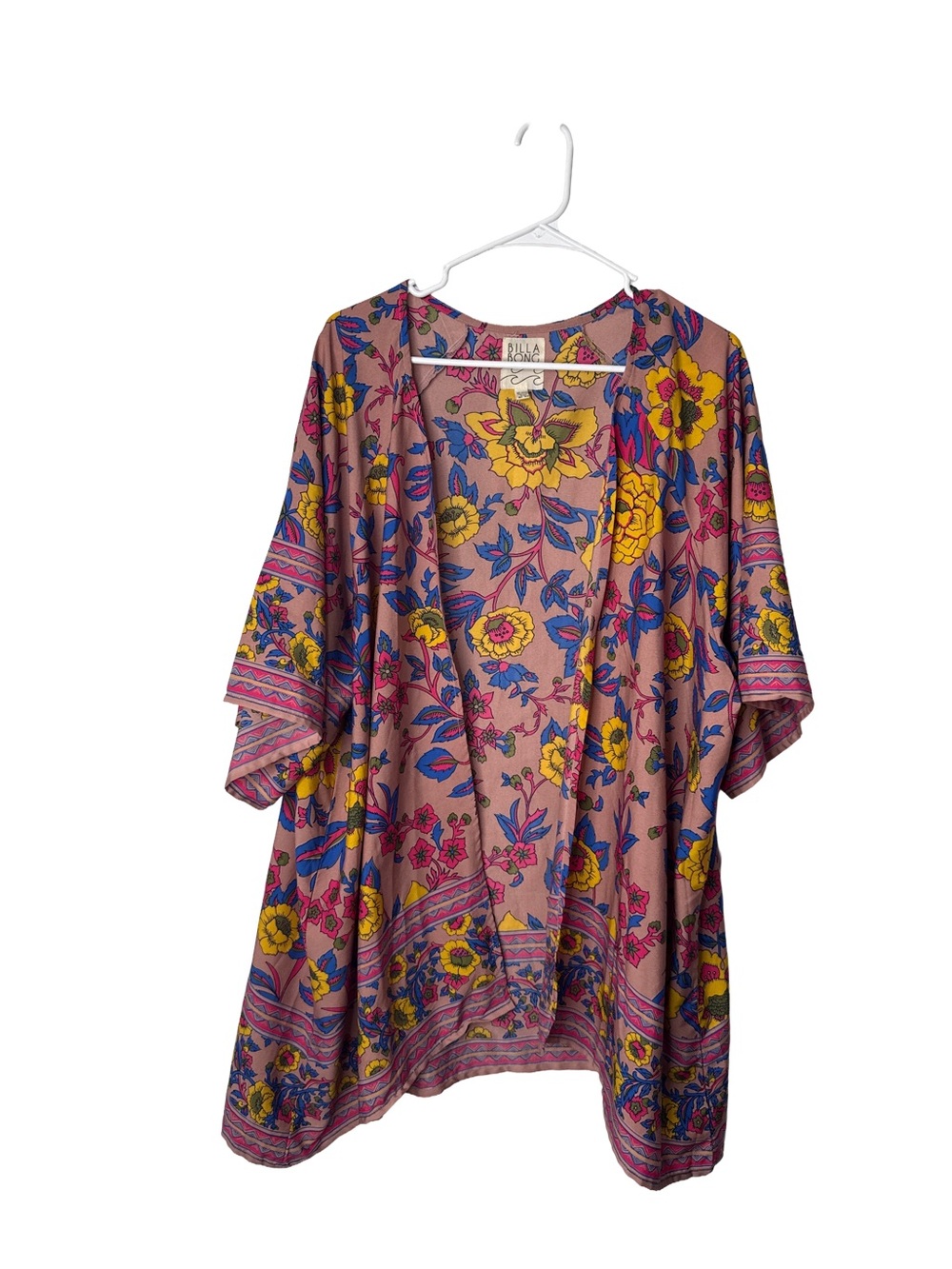 BILLABONG Pink & Floral Kimono Cardigan Swimsuit Cover-Up Open Front M/L Beach